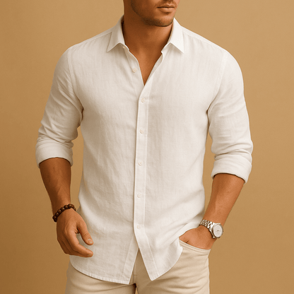Men's Long Sleeve Button Front Shirt for Work and Office in White