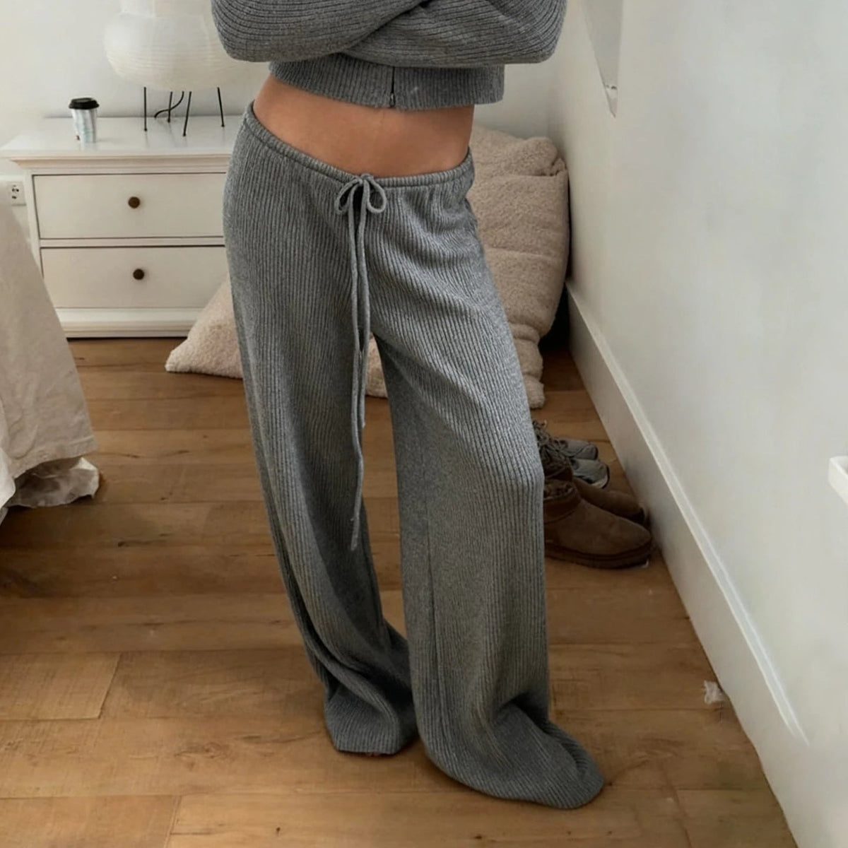 Women's Drawstring Wide Leg Knitted Lounge Trousers in Grey