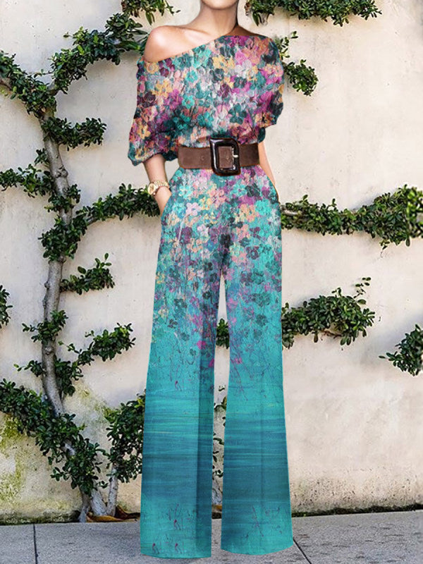 Women's Wide Leg Printed Jumpsuit in Blue