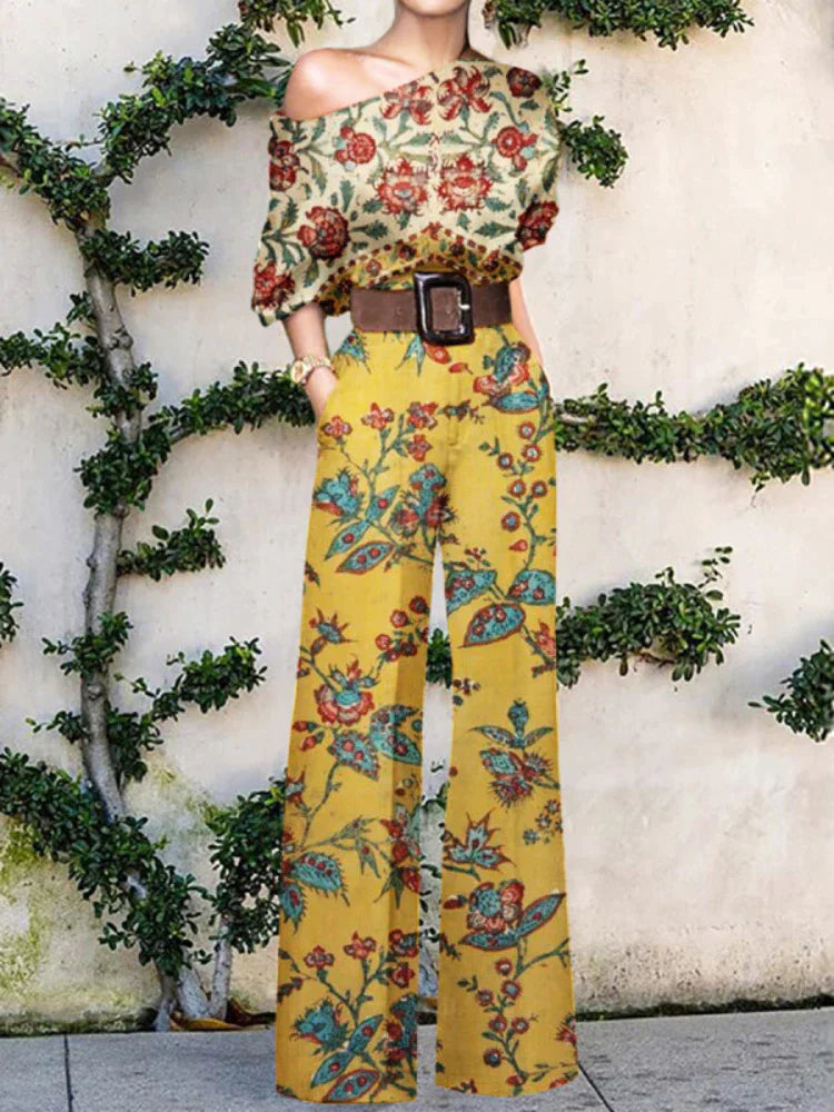 Women's Wide Leg Printed Jumpsuit in Yellow