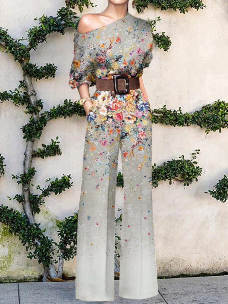 Women's Wide Leg Printed Jumpsuit in Gray
