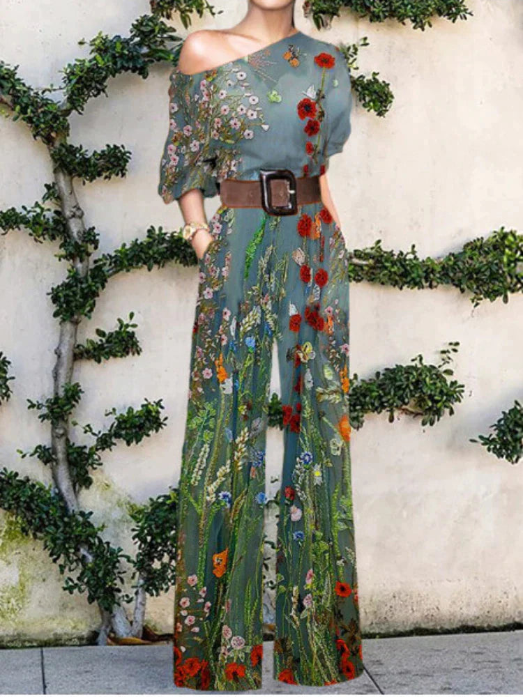 Women's Wide Leg Printed Jumpsuit in Green