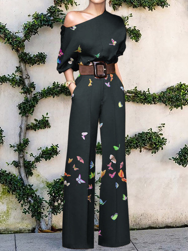 Women's Wide Leg Printed Jumpsuit in Black