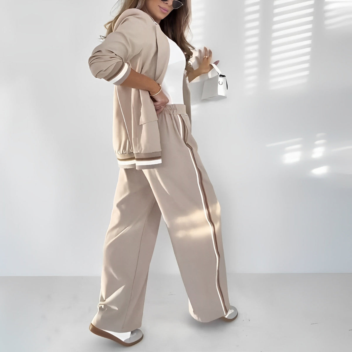 Women's Striped Piping Contrast Trim Tailored Loungewear Set