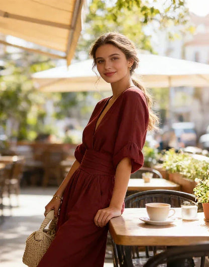 Women's Wrap Front Tie Waist Wide Leg Jumpsuit view 5
