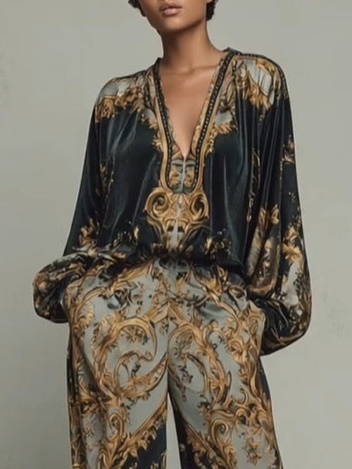 Women's Black Floral Wide Leg Trousers
