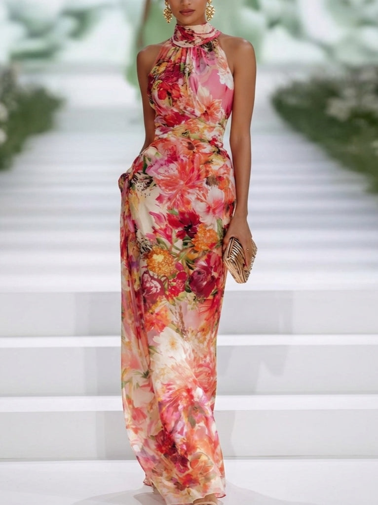 Women's Floral Halter Neck Wedding Guest Dress in Red