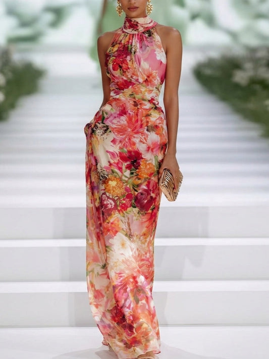 Women's Floral Halter Neck Wedding Guest Dress in Red