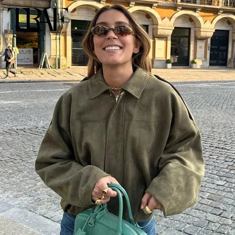 Women's Oversized Collared Zip Up Bomber Jacket