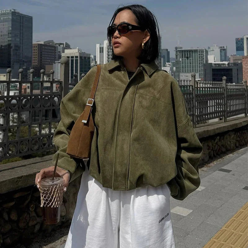 Women's Oversized Collared Zip Up Bomber Jacket view 4