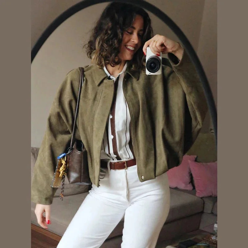 Women's Oversized Collared Zip Up Bomber Jacket view 2