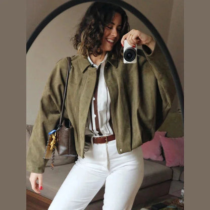 Women's Oversized Collared Zip Up Bomber Jacket view 2