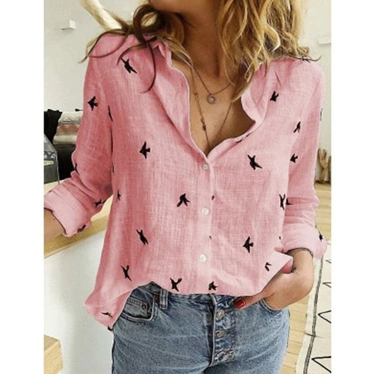 Women's Comfort Blouse in Pink Bird Print