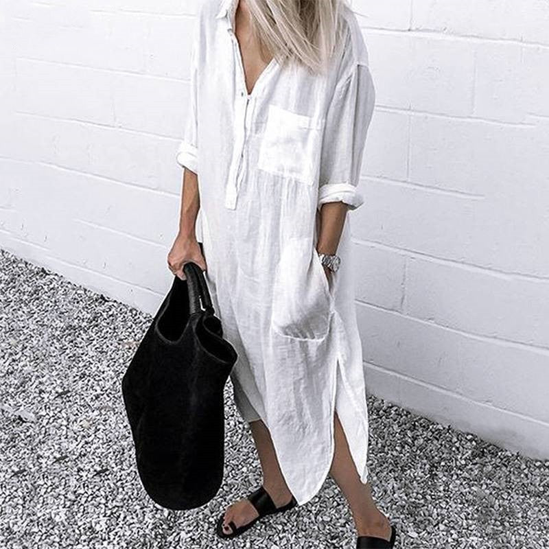Women's Collared Long Sleeve Side Split Shirt Dress in White