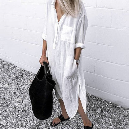 Women's Collared Long Sleeve Side Split Shirt Dress in White