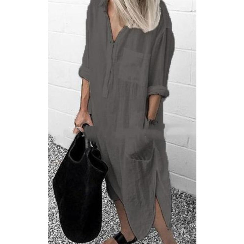 Women's Collared Long Sleeve Side Split Shirt Dress in Grey
