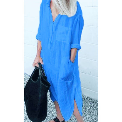 Women's Collared Long Sleeve Side Split Shirt Dress in Light Blue