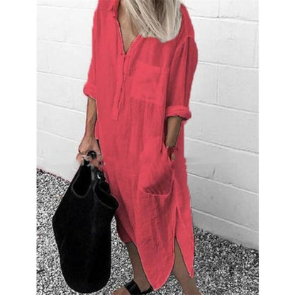 Women's Collared Long Sleeve Side Split Shirt Dress in Red