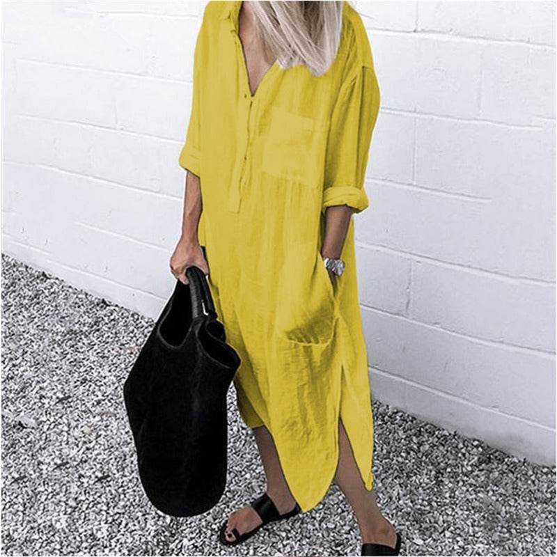 Women's Collared Long Sleeve Side Split Shirt Dress in Yellow