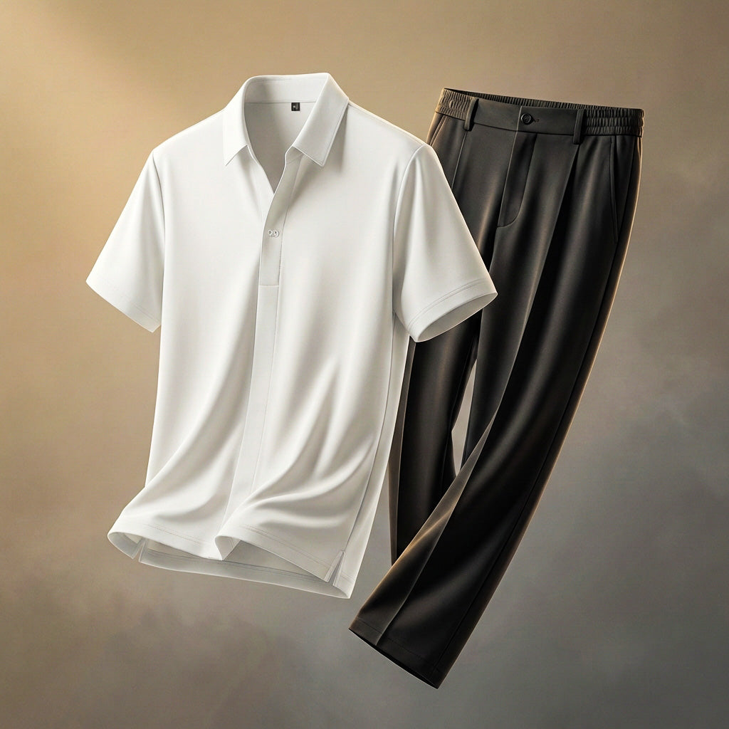 Men's Cognac Brown Two Piece Set in Pearl White