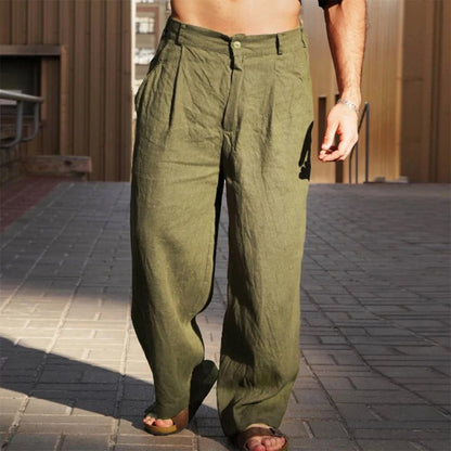 Men's Wide Leg Relaxed Fit Trousers in Olive Green