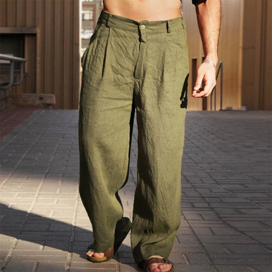 Men's Wide Leg Relaxed Fit Trousers in Olive Green