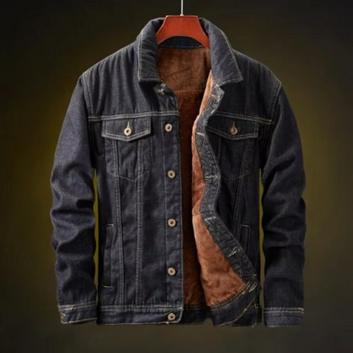 Men's Fleece Lined Casual Denim Jacket in Black