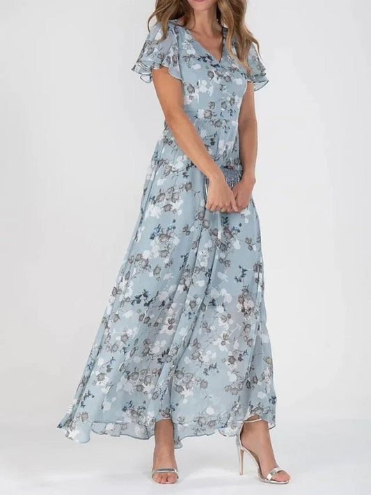 Women's Floral Short Sleeve Wrap Front Draped Maxi Dress in Blue