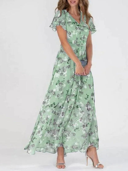 Women's Floral Short Sleeve Wrap Front Draped Maxi Dress in Green