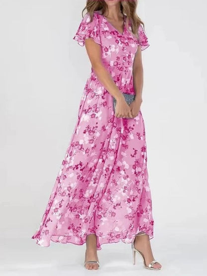 Women's Floral Short Sleeve Wrap Front Draped Maxi Dress in Pink