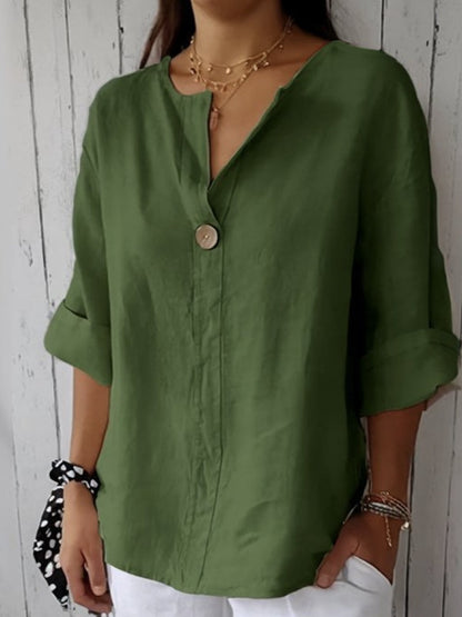 Women's Beige V Neck Blouse in Green