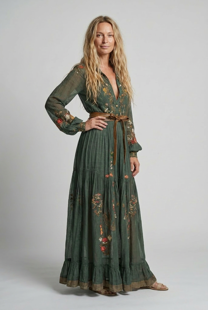 Women's Puff Sleeve Boho Maxi Dress view 3