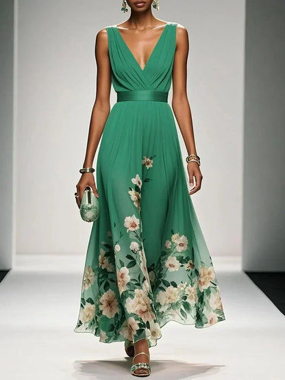 Women's V Neck Floral Maxi Dress in Green