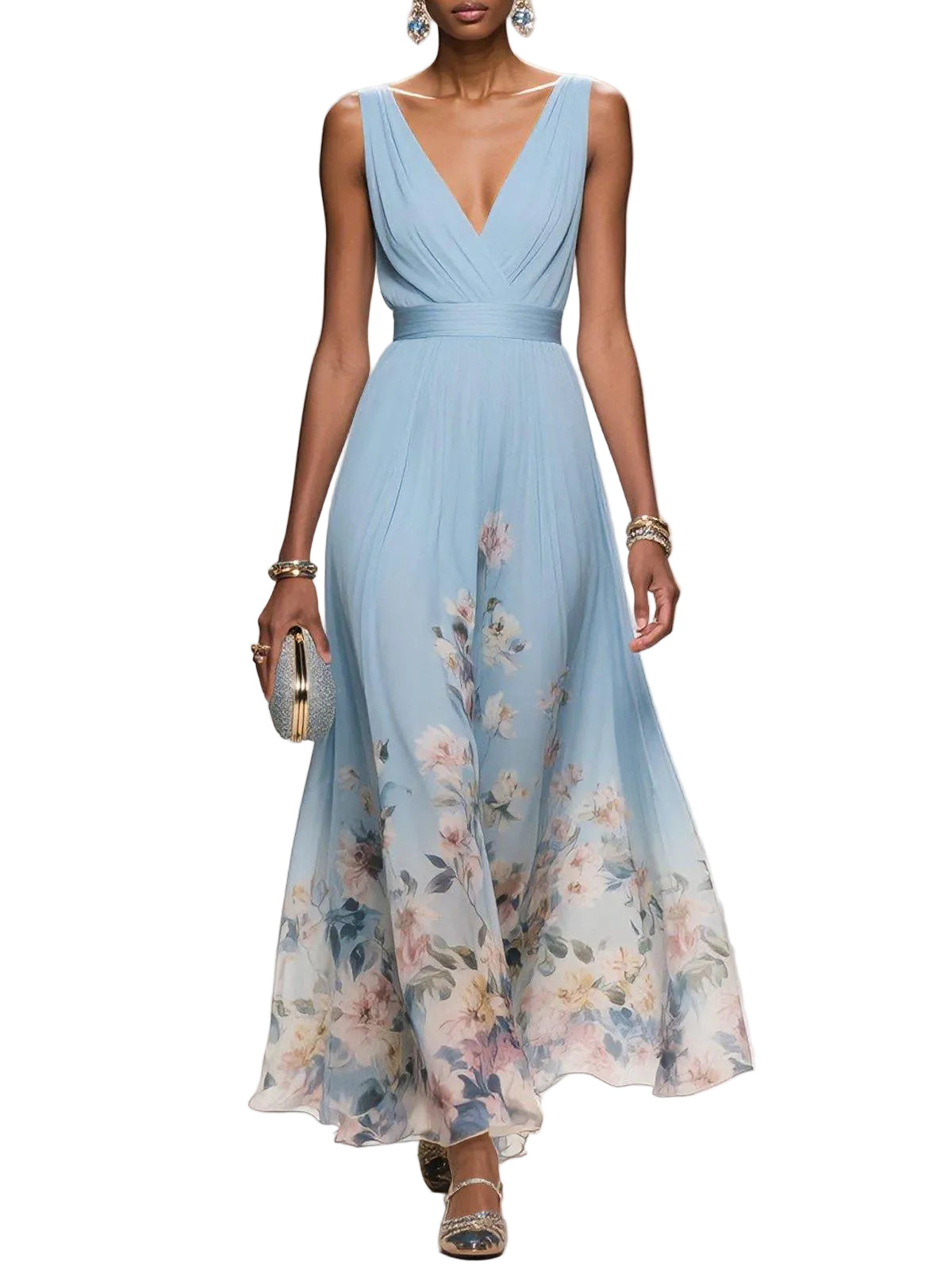 Women's V Neck Floral Maxi Dress in Light Blue