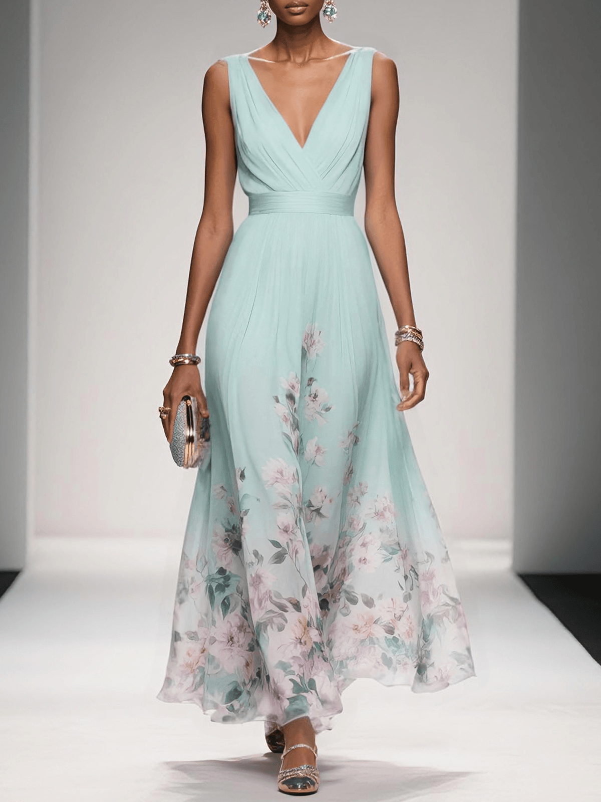 Women's V Neck Floral Maxi Dress in Light Green