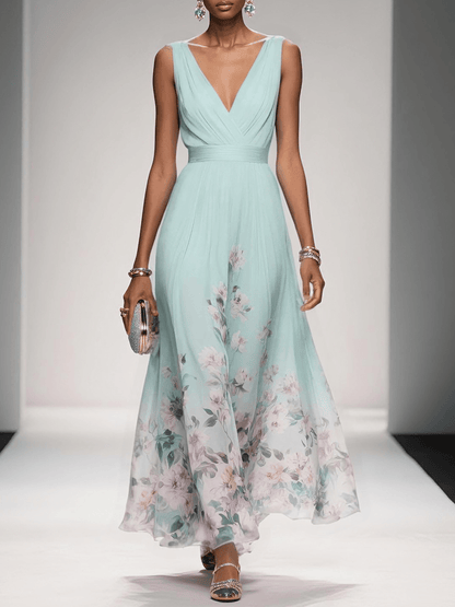 Women's V Neck Floral Maxi Dress in Light Green
