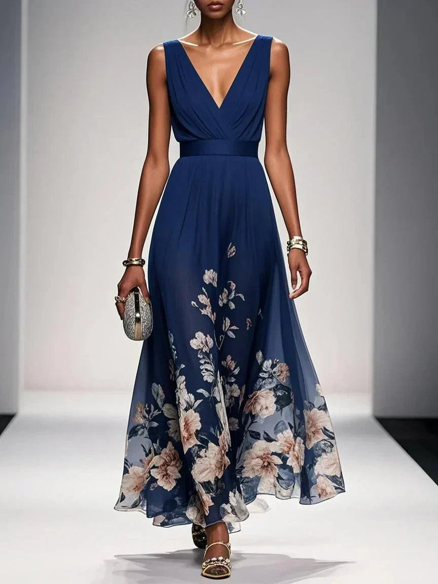 Women's V Neck Floral Maxi Dress in Navy