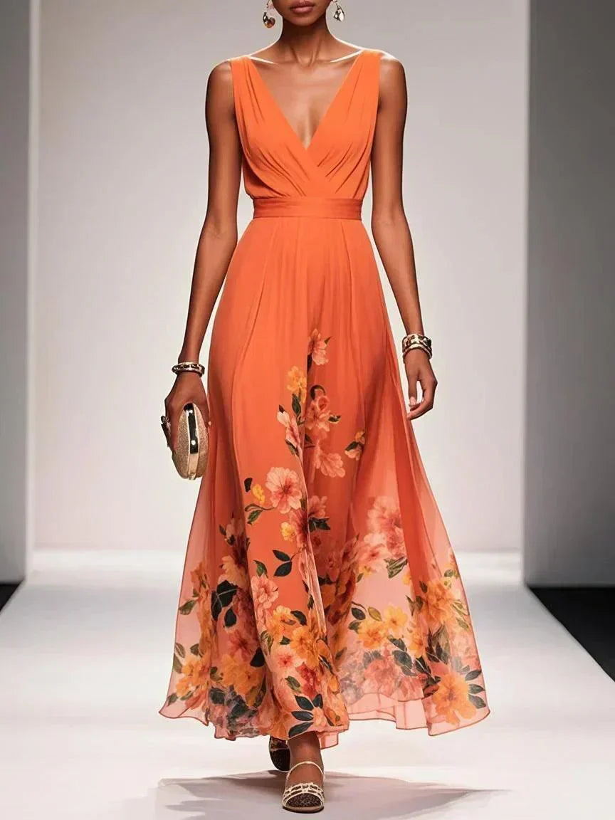 Women's V Neck Floral Maxi Dress in Orange