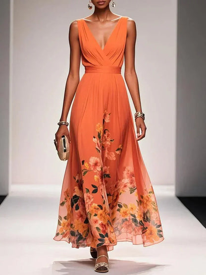 Women's V Neck Floral Maxi Dress in Orange