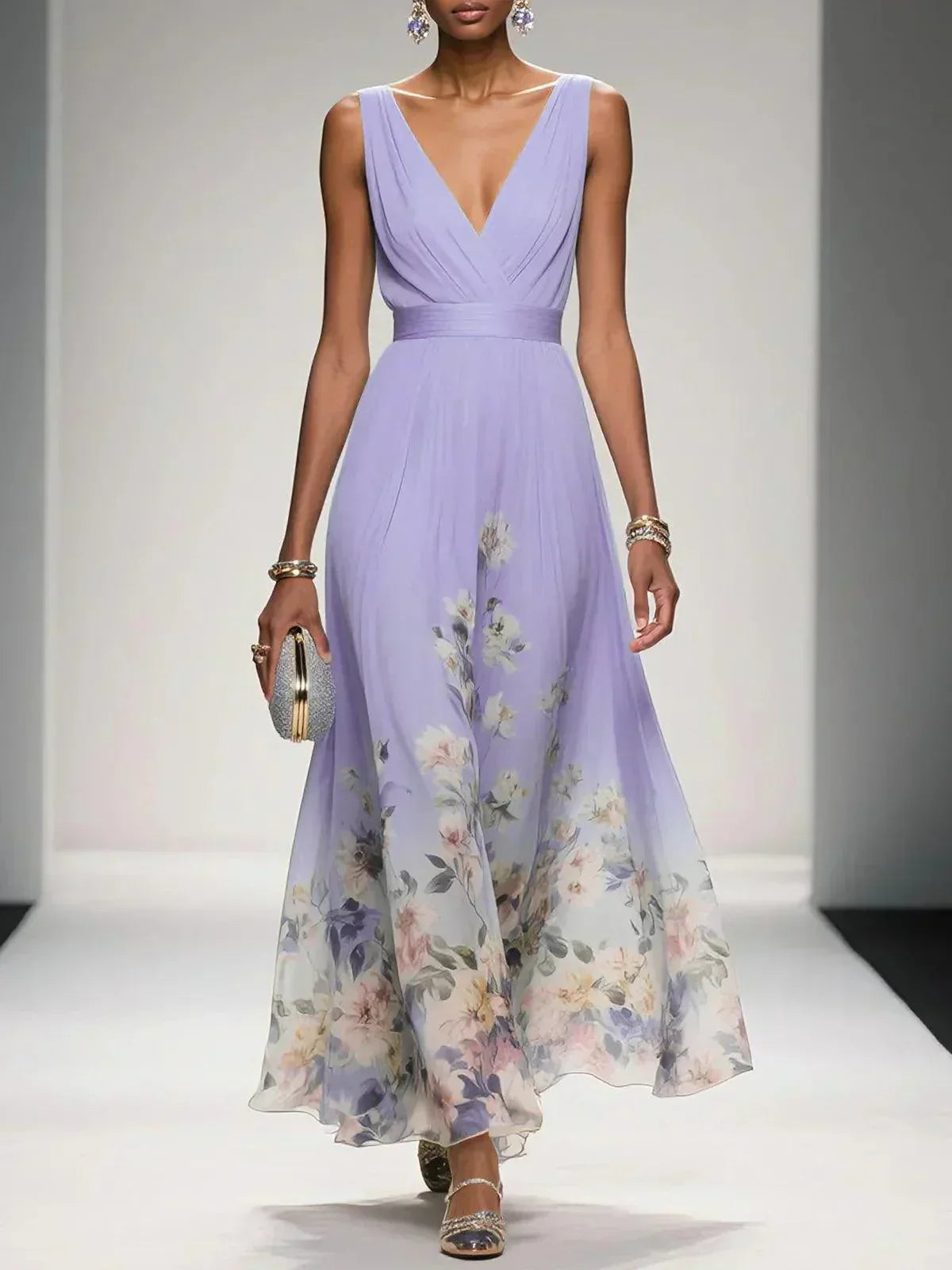 Women's V Neck Floral Maxi Dress in Purple