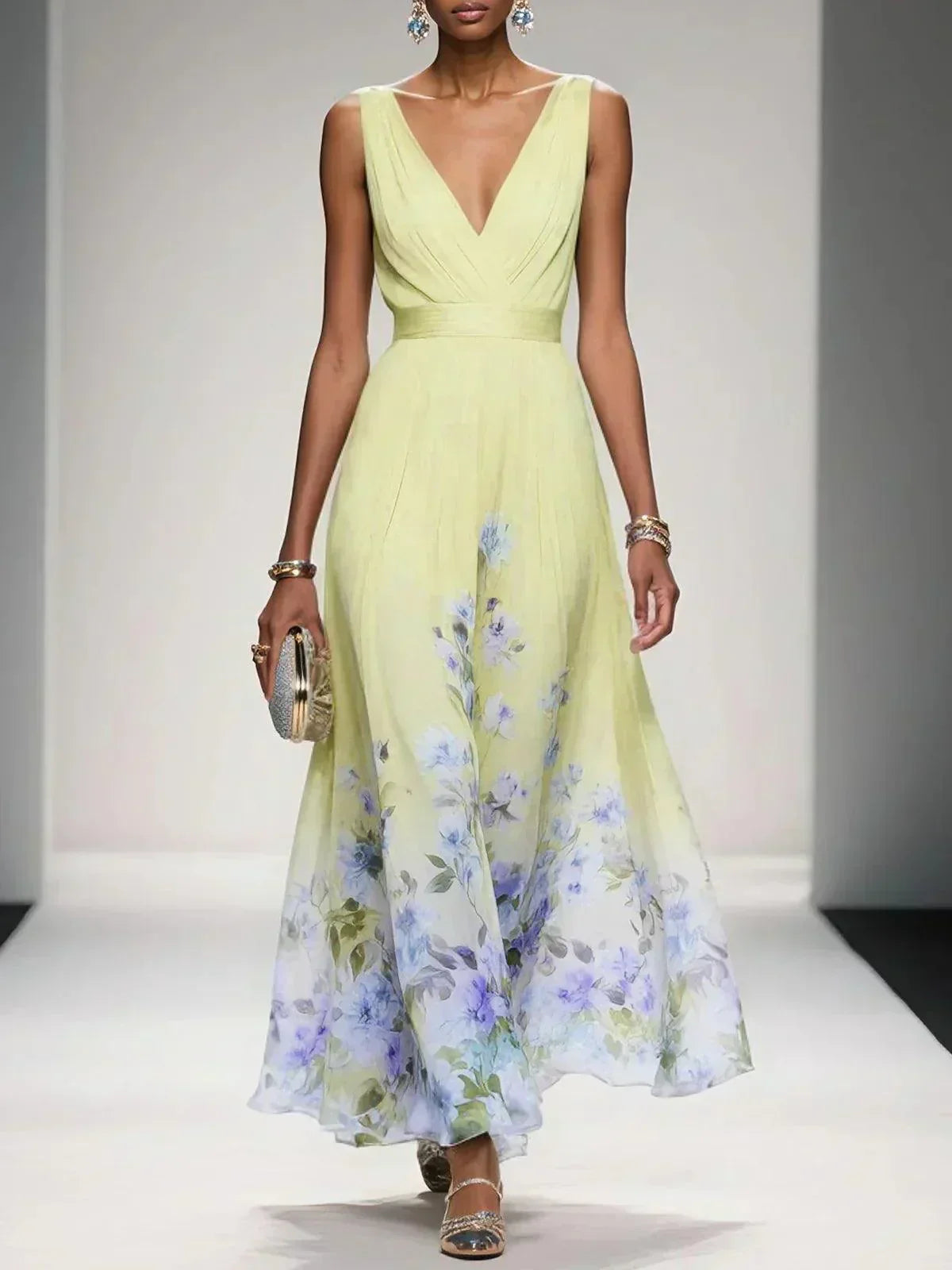 Women's V Neck Floral Maxi Dress in Yellow