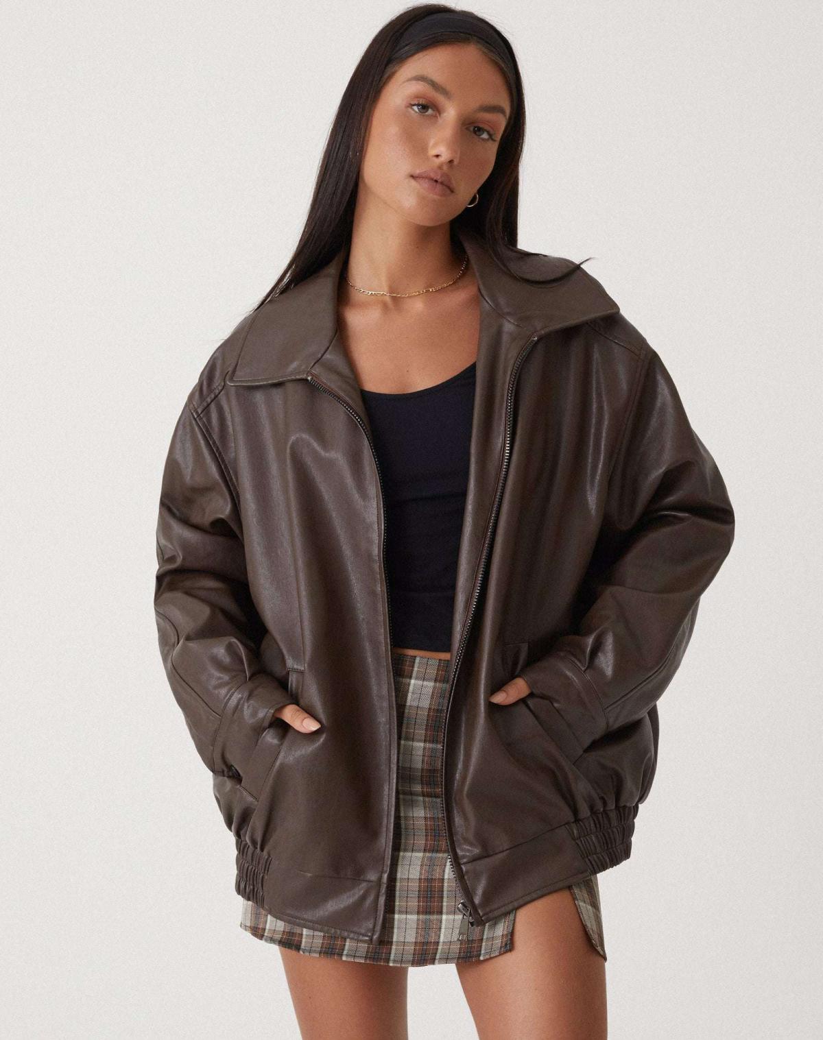 Women's Oversized Collared Faux Leather Bomber Jacket