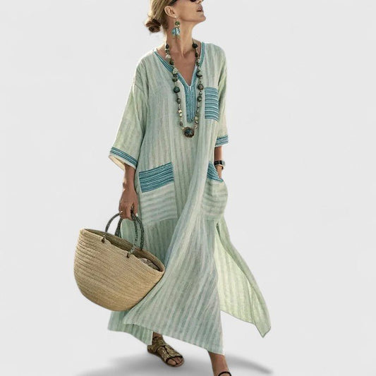 Women's V Neck Three Quarter Sleeve Maxi Dress in Blackish Green