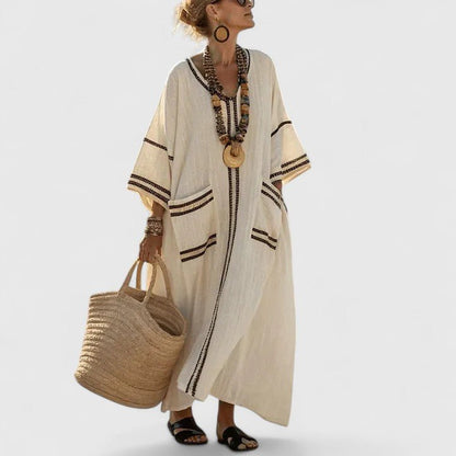 Women's V Neck Three Quarter Sleeve Maxi Dress in Apricot Black