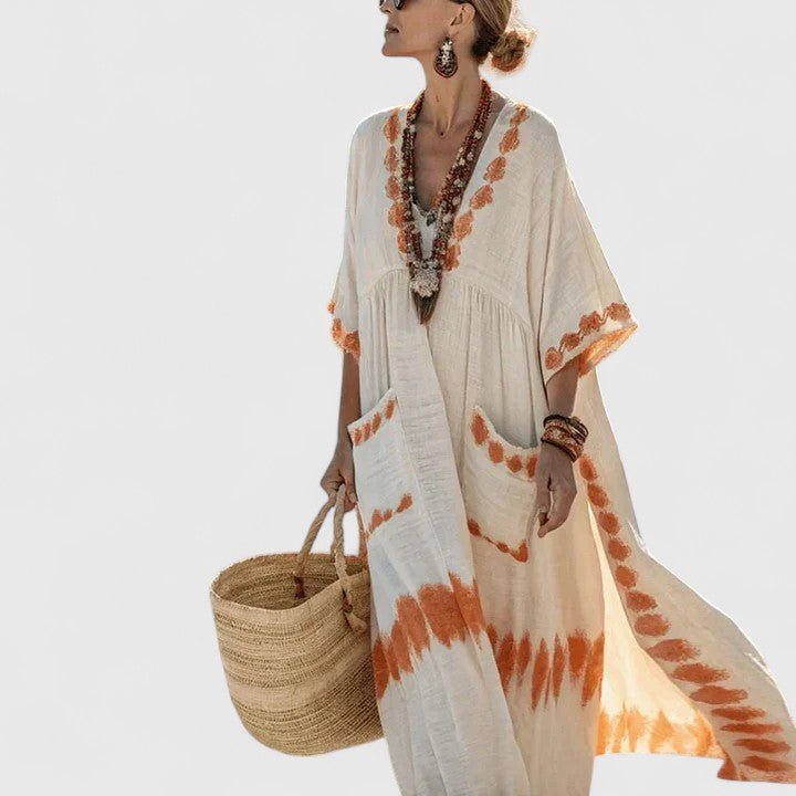 Women's V Neck Three Quarter Sleeve Maxi Dress in Orange