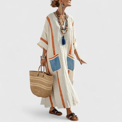 Women's V Neck Three Quarter Sleeve Maxi Dress in Orange Blue