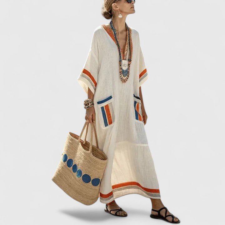 Women's V Neck Three Quarter Sleeve Maxi Dress in Cream