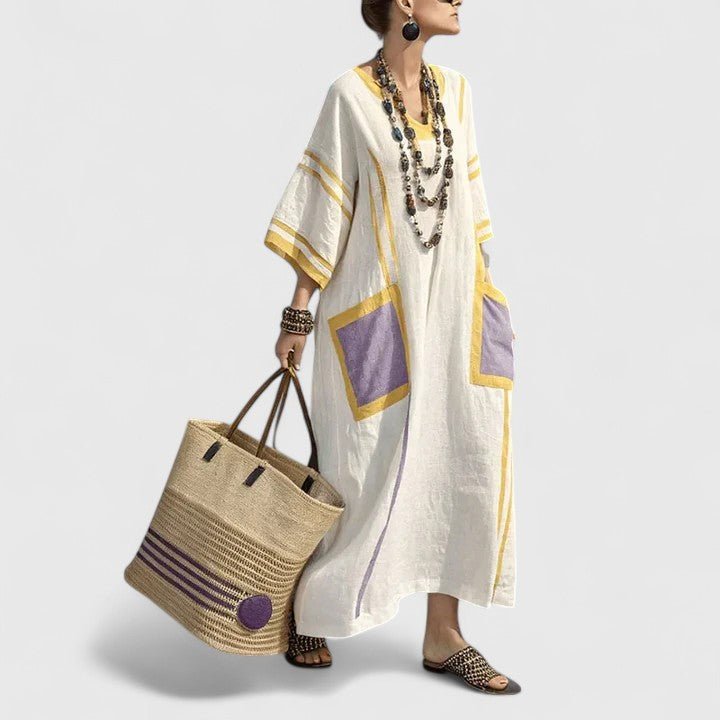 Women's V Neck Three Quarter Sleeve Maxi Dress in Yellow Purple