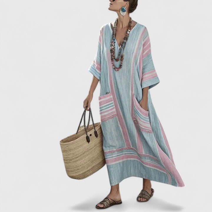 Women's V Neck Three Quarter Sleeve Maxi Dress in Pink Green