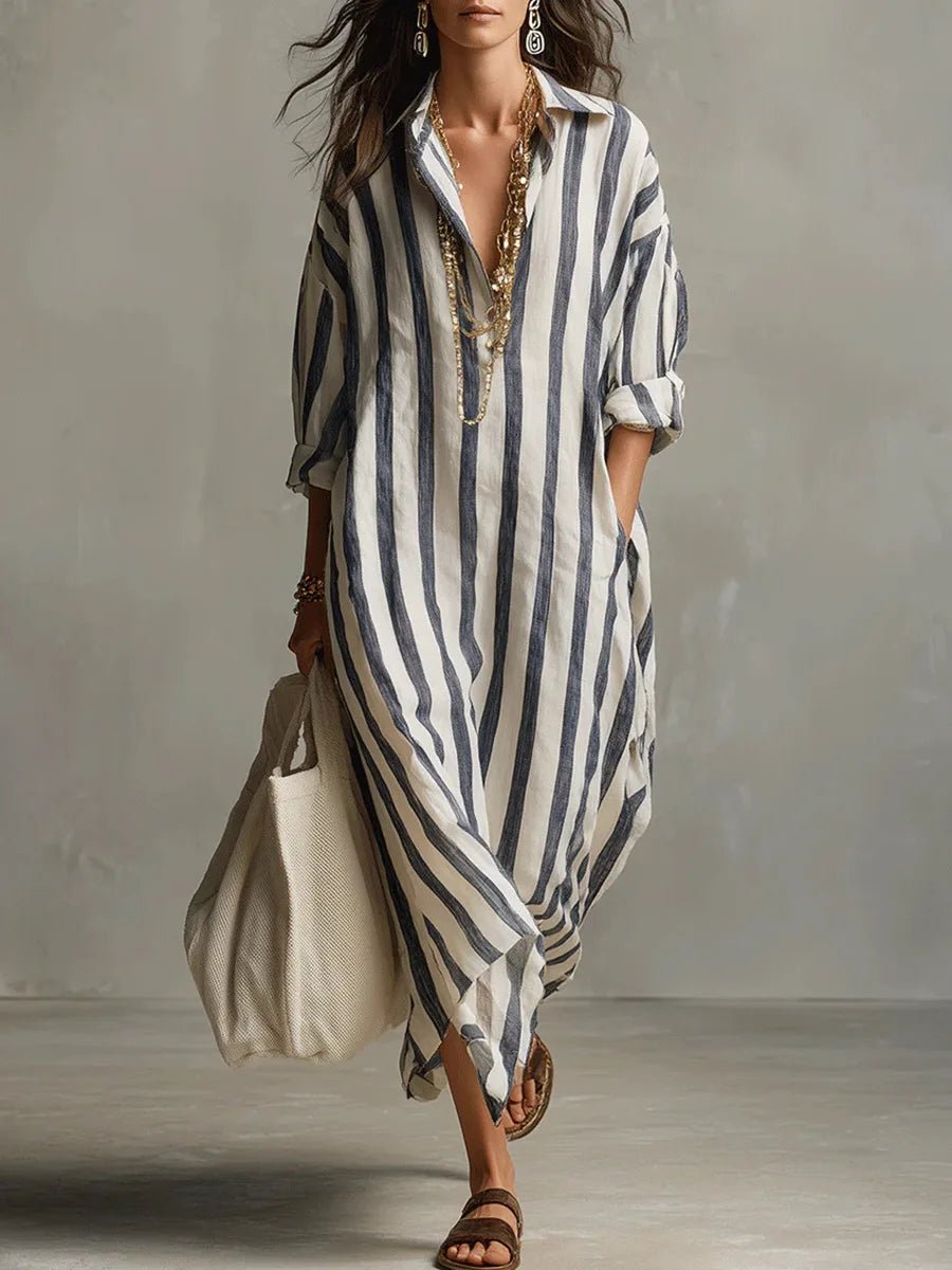 Women's Striped Oversized Button Front Outdoor Maxi Dress in Blue